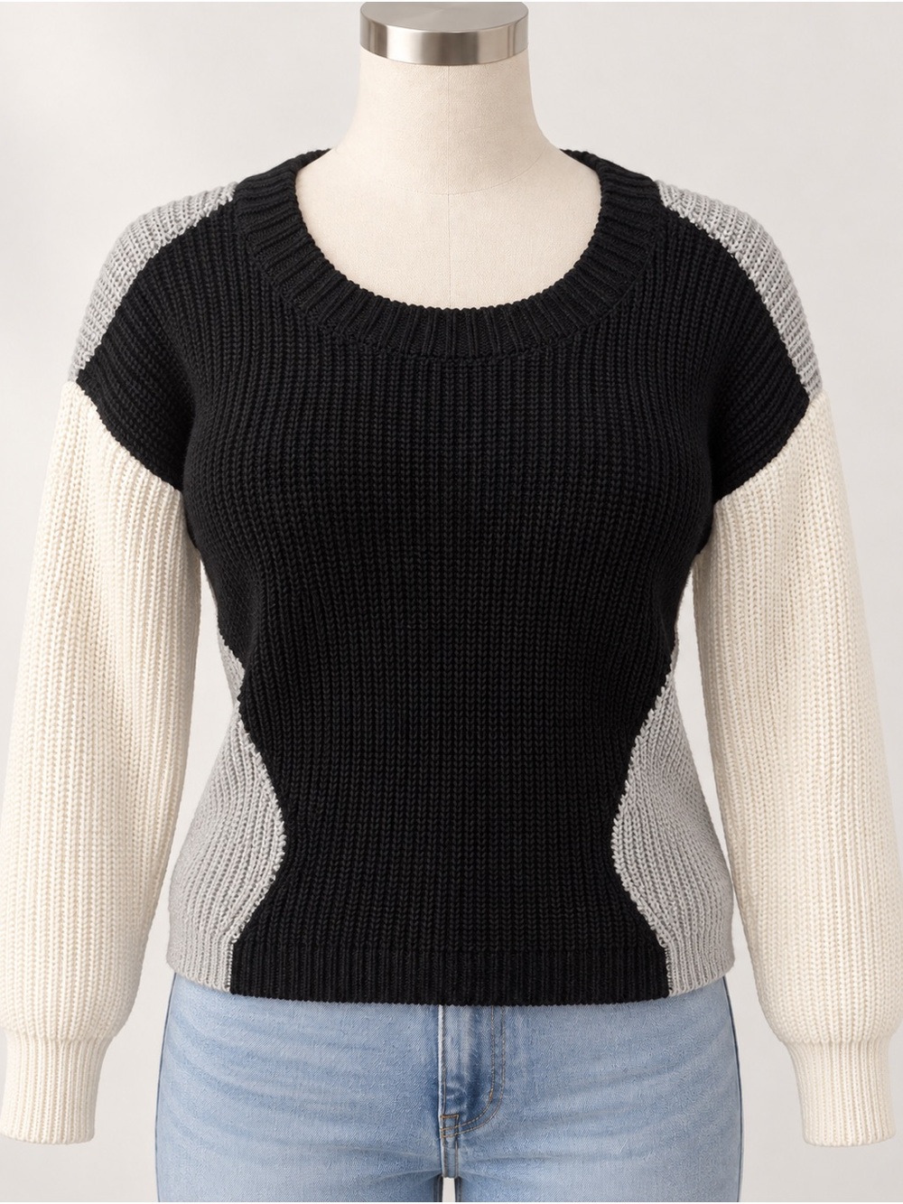 Colorblock Crewneck Sweater - Black, Gray & Cream